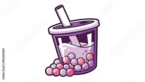 Cartoon Boba Tea with Tapioca Pearls Illustration.