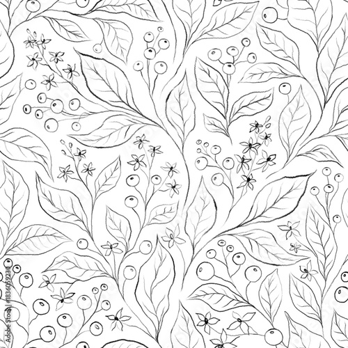 SEAMLESS WHITE BACKGROUND WITH SILHOUETTES OF BLACK FLOWERING BRANCHES AND BERRIES, DIGITAL ILLUSTRATION WITH PASTEL BRUSHES