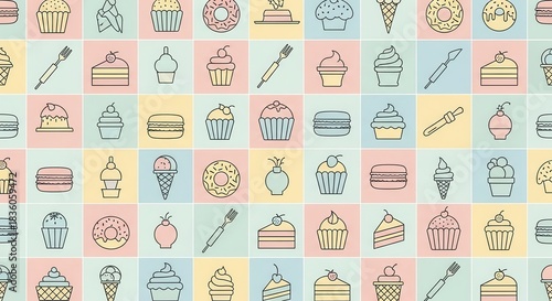 Repeating pattern featuring various dessert and baking utensil line icons displayed on a colorful tiled background
