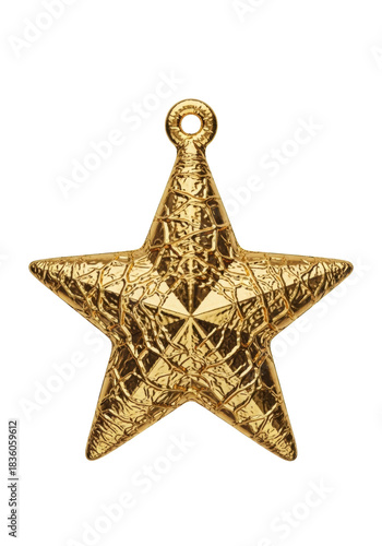 A five-pointed golden star ornament with a wrinkled, padded metallic texture and hanging hole, isolated on a transparent background with copy space, extreme close-up with soft studio lighting.