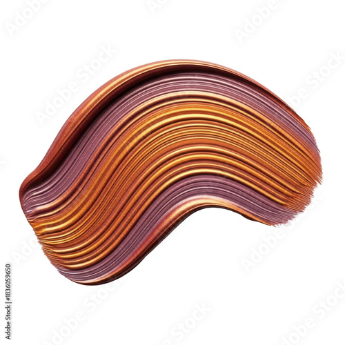 A wide, curved, organic brushstroke of shimmering metallic paint in reddish-brown, gold, and deep mauve, visible texture, isolated on transparent with copy space, soft studio light, concept of