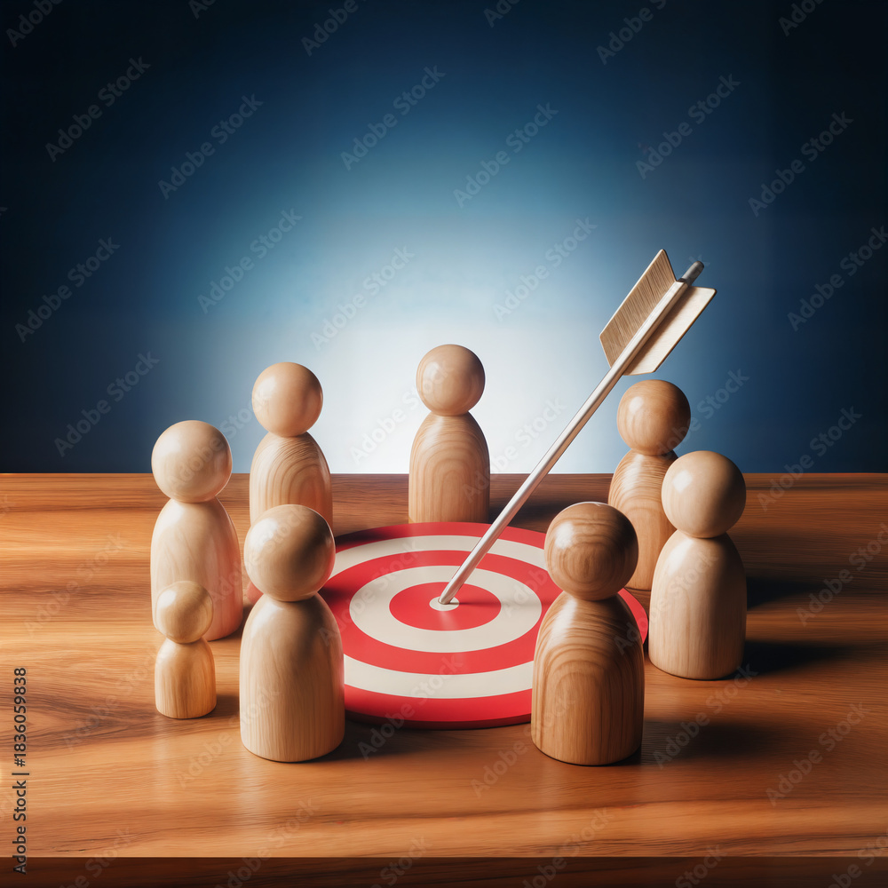 Obraz premium Target audience and marketing focus concept — wooden figurines surrounding bullseye target with arrows hitting center, customer segmentation and targeted advertising strategy illustration