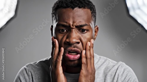 Stressed African American Man Displaying Various Stages Of Apprehension, Surprise And Disbelief