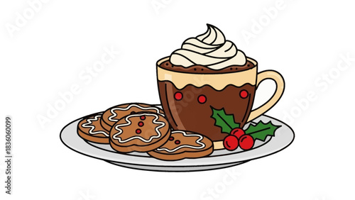 Illustration of hot chocolate with whipped cream and gingerbread cookies on a plate.