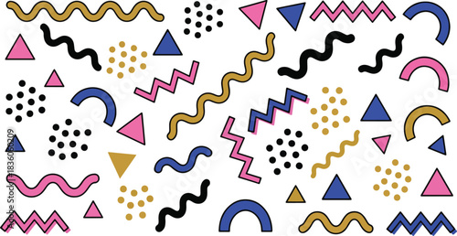 Abstract Memphis style party elements vector set, geometric shapes for New Year backgrounds