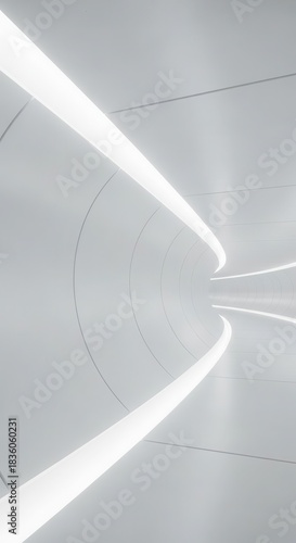 Bright luminous strips illuminate the interior of a curving futuristic corridor