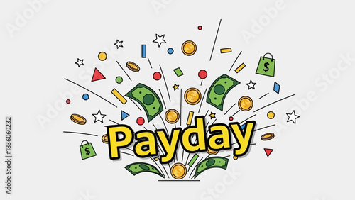 Payday illustration with money, coins, and shopping bags exploding outwards.