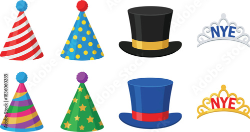 Assorted party hat vector collection, flat New Year headwear and tiara set