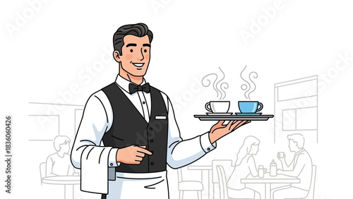 Illustration of a waiter holding a tray with two steaming cups in a restaurant.
