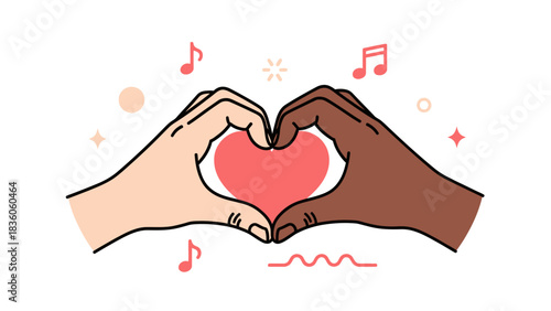 Hands forming a heart shape, one light-skinned, one dark-skinned, symbolizing love and unity.
