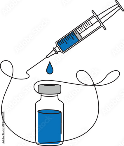 Syringe injecting vaccine from a vial in a continuous line art style on a white backdrop.