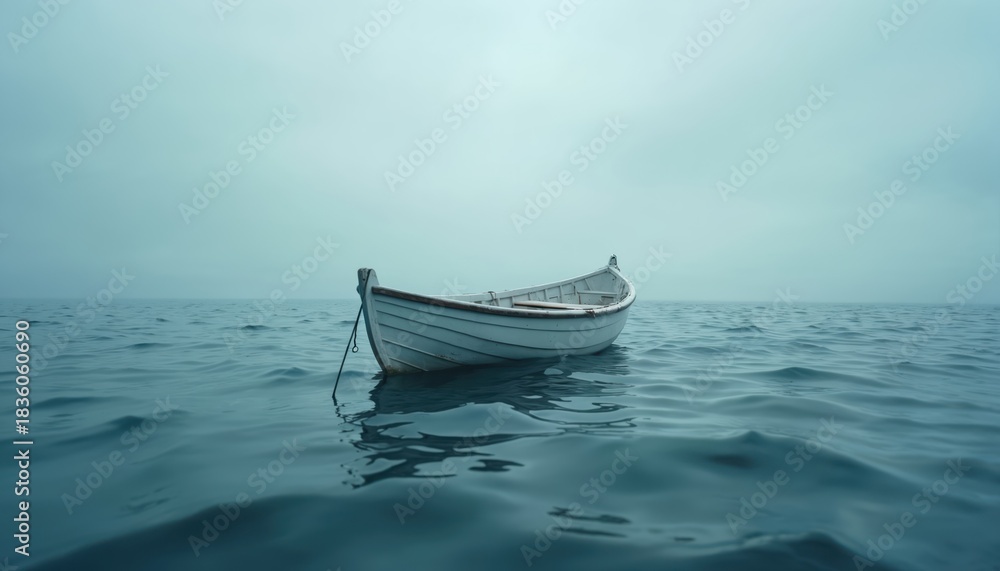 Fototapeta premium Small white boat floats alone in blue ocean water. Solitary vessel adrift. Nautical view shows voyage far away. Misty day, moody ocean conveys serenity, melancholy. Nautical journey, solitude