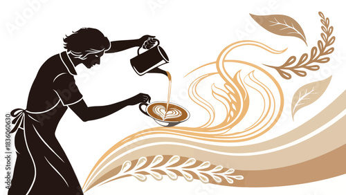 Elegant barista crafting latte art with stunning design elements, perfect for cafes and coffee shops promoting artisanal beverages and cozy ambiance