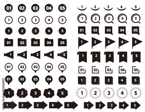 1から5までの数字のアイコンデザインのセット素材。見出しに使いやすいシンプルなあしらい。白背景にベクターイラスト。