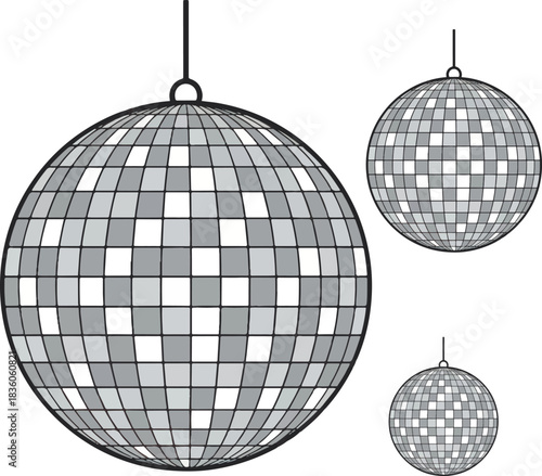 Flat disco ball vector illustration set, retro mirror ball for New Year party