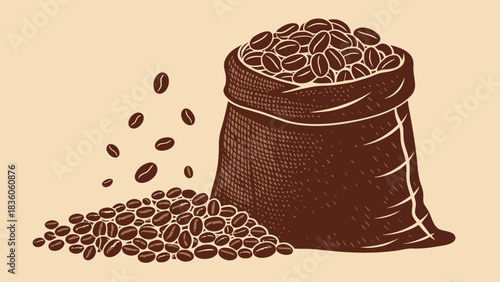 Freshly roasted coffee beans spilling from burlap sack, creating an inviting aroma and warm, comforting feeling for your morning brew or coffee shop branding