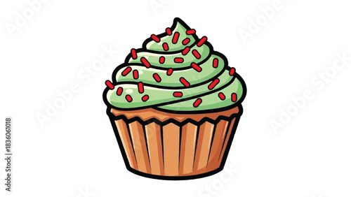 Delicious cupcake with green frosting and red sprinkles a sweet treat.