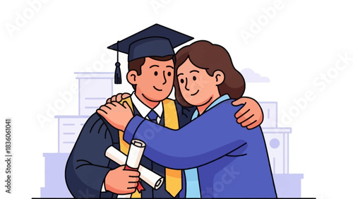 Illustration of a graduate hugging a woman, holding a diploma, with a building in the background.