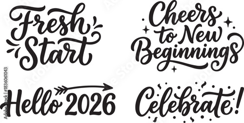 Hand-drawn New Year quotes typography set, black lettering vector phrases