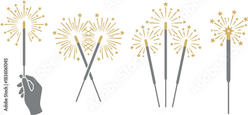 Handheld sparkler firework vector illustration, festive golden sparks for celebration