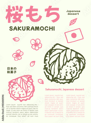 Hand drawn sakuramochi. Vector illustration of Japanese dessert doodles poster in naive art style. Poster template. Sweet, shop, cafe, sakura mochi.
