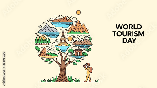 World Tourism Day illustration with landmarks and nature forming a tree.