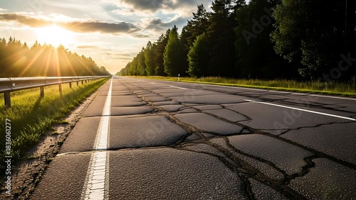 Cracked asphalt road stretches into the distance sun shining through trees travel and infrastructure concept