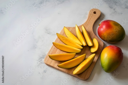 Freshly sliced mangoes on a wooden cutting board