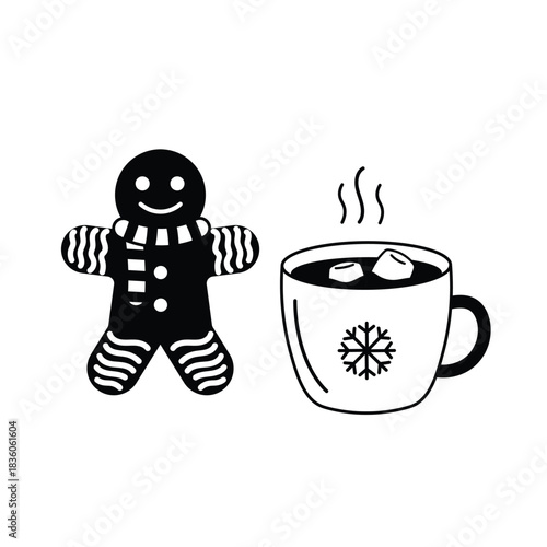 Monochrome Gingerbread Man and Hot Cocoa Mug Vector Illustration. Black and White Christmas Cookie and Drink Icon. Winter Holiday Dessert Outline.