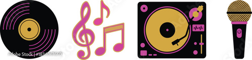 Music and party vector icon set, DJ turntable and vinyl record elements
