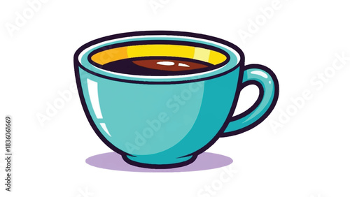 Vibrant blue coffee cup with black coffee cartoon illustration.