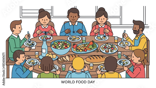 Illustration of people eating together at a table for World Food Day.