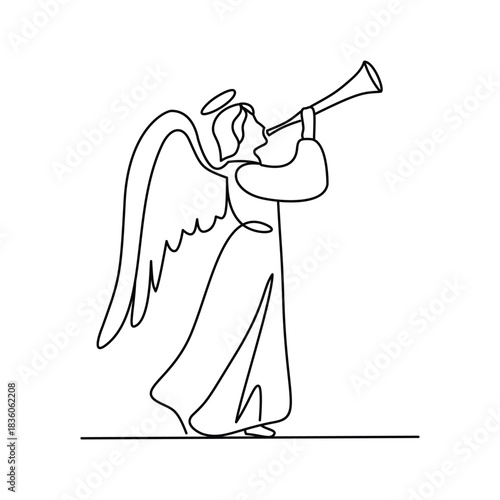 Minimalist Christmas Angel Blowing Trumpet Line Art Illustration
