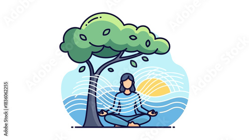 Woman meditating under a tree by the water at sunrise.