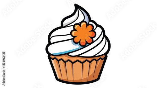 Delicious Cupcake with Swirled Frosting and Orange Flower Decoration.