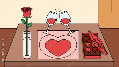 Romantic dinner setting with wine, chocolates, rose, and heart-shaped decoration.