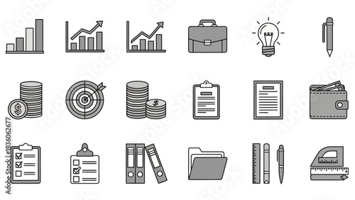 Vector icon set of business finance and web travel symbols silhouette