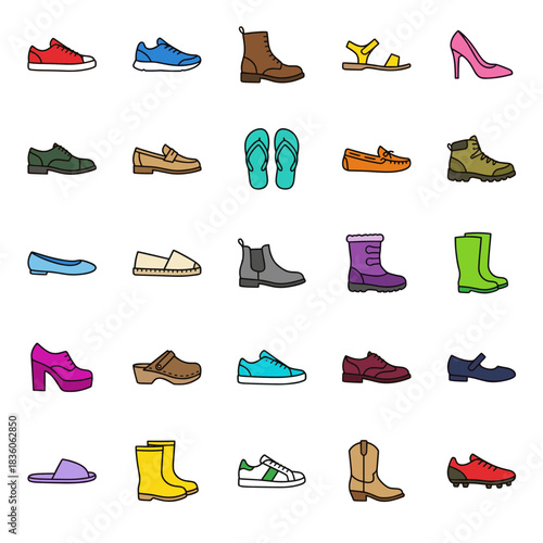 Collection of various modern and classic footwear icons, including sneakers, boots, sandals, loafers, and high heels, in a flat design style.