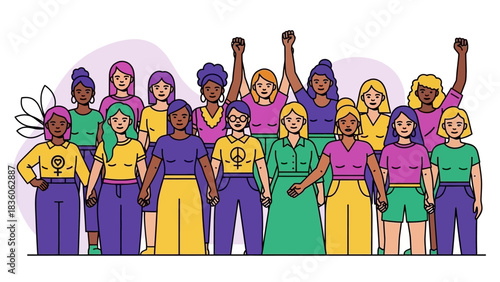 Diverse group of women standing together in solidarity, raising fists in the air, wearing purple and yellow clothing.