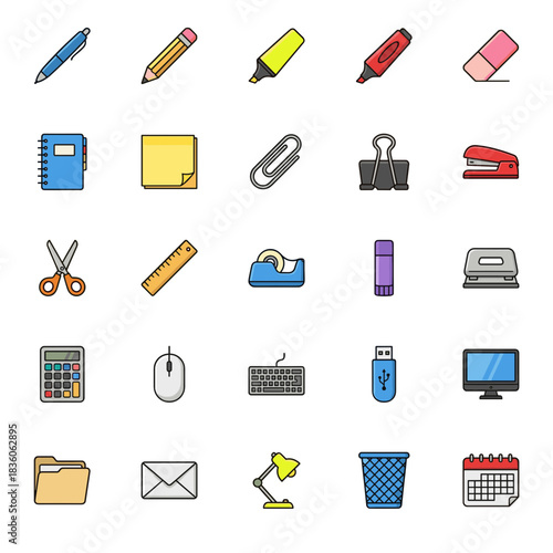 Comprehensive collection of office and school supplies icons, including writing tools, paper products, and desktop accessories, in a clean flat style.