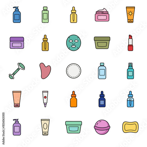 Set of skincare and beauty product icons, including lotions, serums, masks, tools, and various cosmetic containers in a minimal flat design.