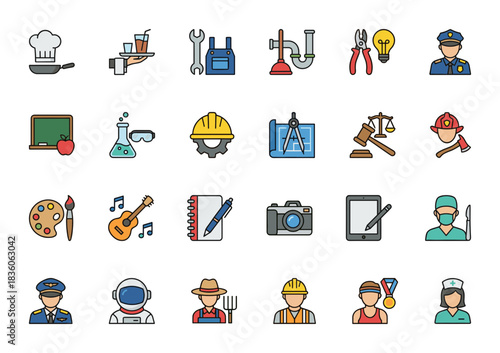 Diverse collection of professional job and occupation icons, including service, trade, arts, science, and public safety roles in a colorful flat design.