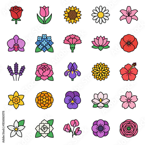 Large collection of colorful and common flower species icons, featuring roses, tulips, sunflowers, and other blossoms in a detailed flat design.