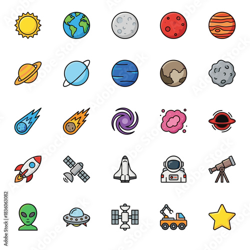 Space and astronomy icons collection, showcasing planets, celestial bodies, rockets, satellites, and extraterrestrial themes in a vibrant flat design.