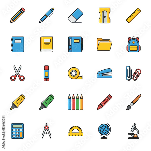 Essential school and office supplies icons set, featuring writing tools, paper products, and educational equipment in a colorful flat design.