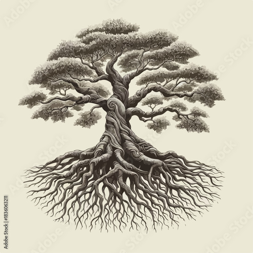 Vector illustration of a tree with fibrous roots