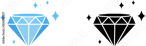 Two diamond icons one colored one silhouette with sparkles