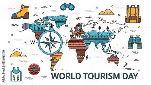 World Tourism Day illustration with world map and travel icons.