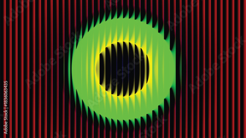 Abstract glowing green circle with vibrant red striped backdrop