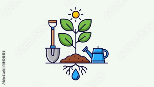 Illustration of a plant growing with gardening tools and a water drop.